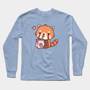 Cute Red Panda Loves Drinking Strawberry Milk Long Sleeve T-Shirt